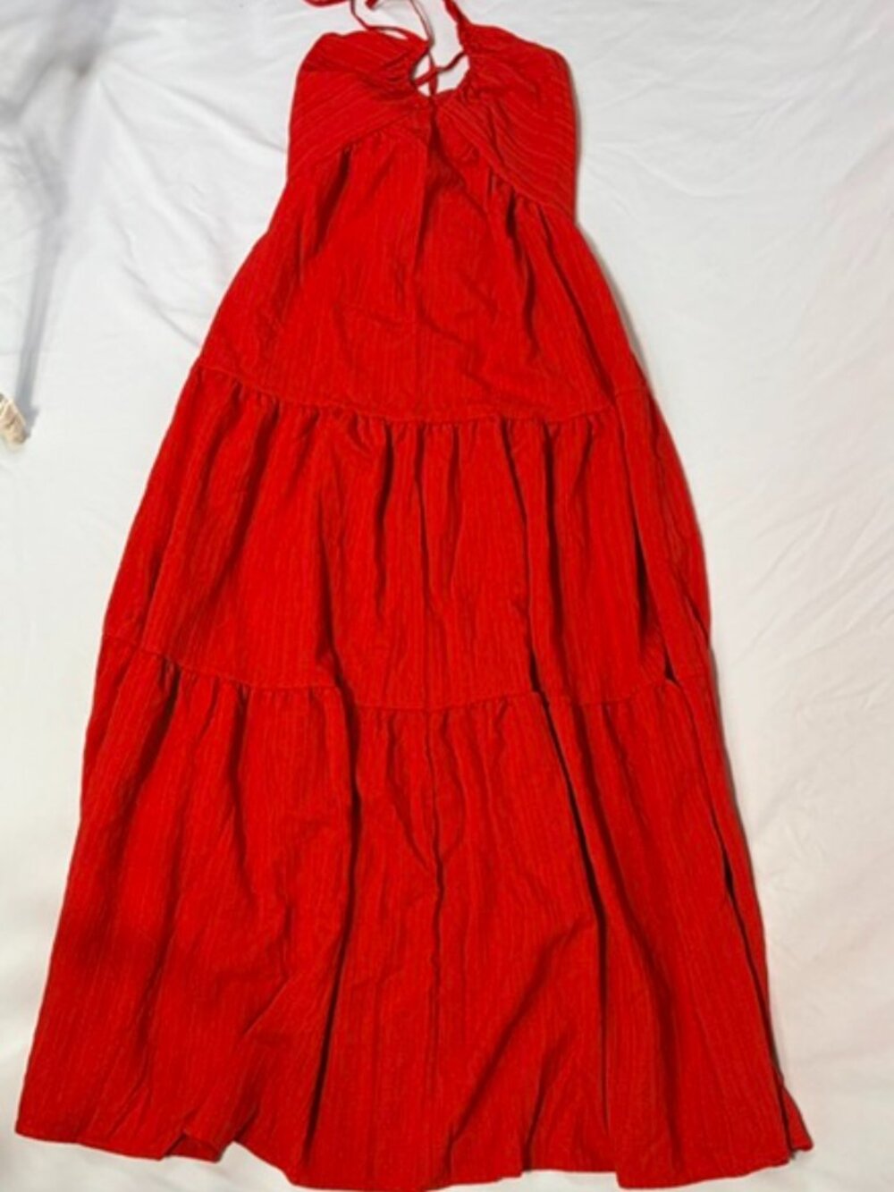 NWT Vibrant Red Halter Open Back Tiered Maxi Dress (Size S)